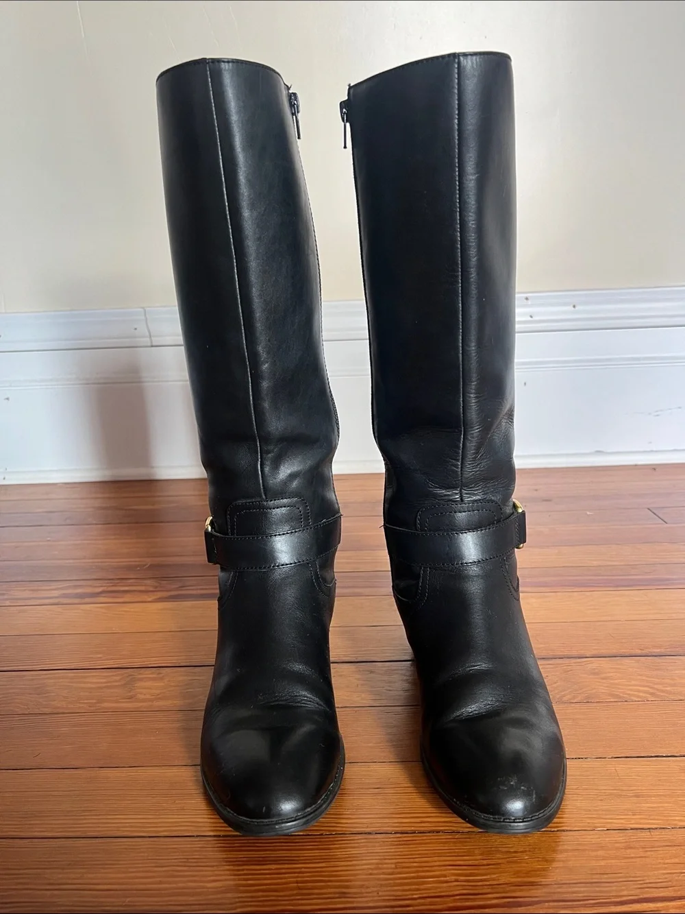 Lauren Ralph Lauren Norah Black Leather Tall Riding Boots Size 8B Gold Buckle